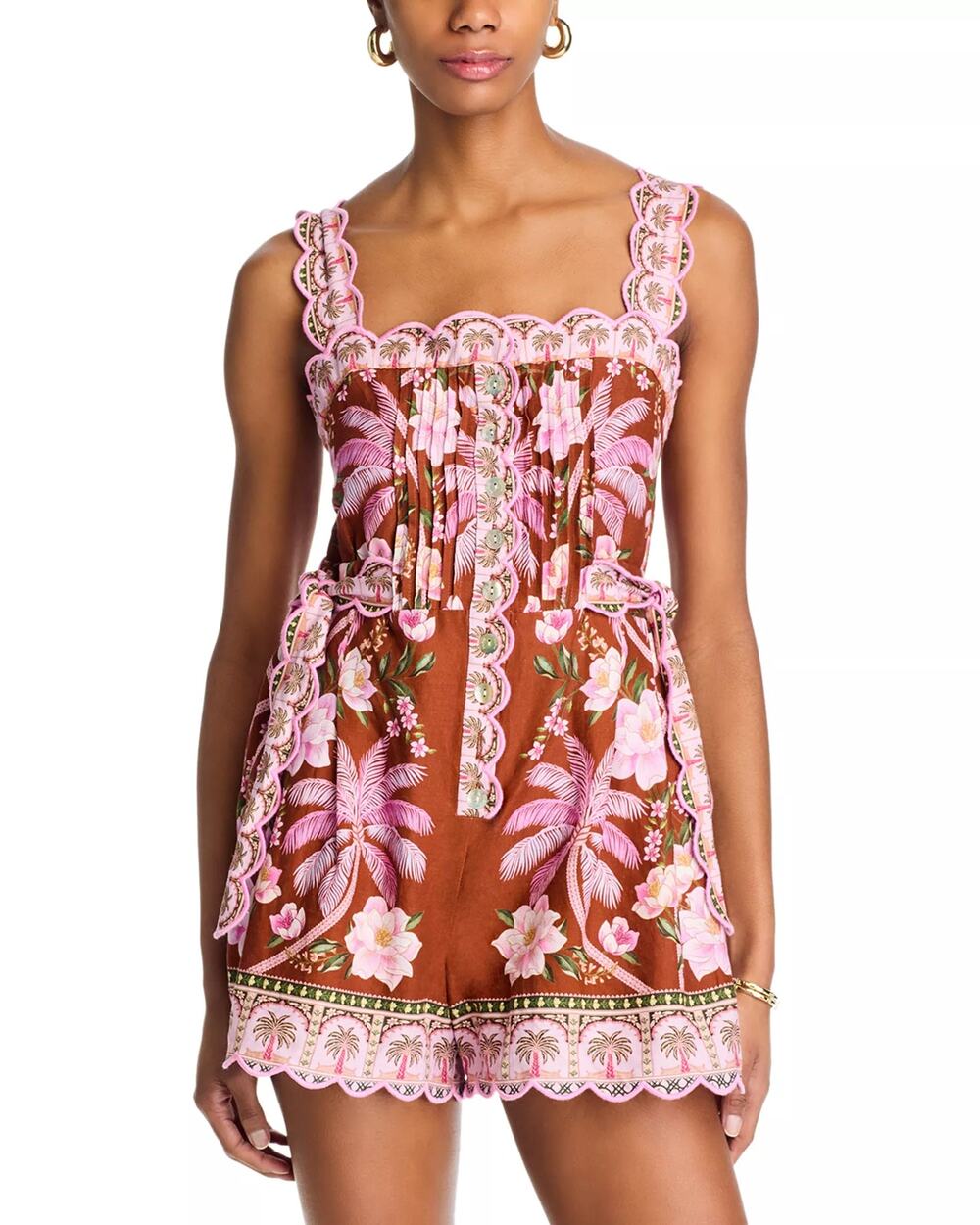 NWT Ramy Brook FARM Rio Palm Dream Pleated Romper Brown/Pink Size Large